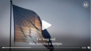 Screenshot of a video featuring the U.S. flag in the air and the text: 