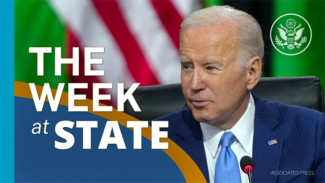 Screenshot of video of The Week At State showing President Biden speaking. 