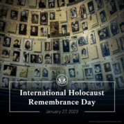 A wall of sepia-colored older photos and articles with the text: "International Holocaust Remembrance Day, January 27, 2023."