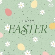 Graphic with the words “Happy Easter” against a pale green background with white flowers and Easter eggs.