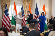 Secretary Blinken, Vice President Harris, and Indian Prime Minister Modi do a toast at the State Luncheon at the State Department. 