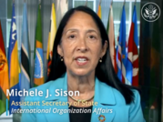 Alt text: Screenshot of Assistant Secretary of International Organization Affairs Michele J. Sison speaking. 