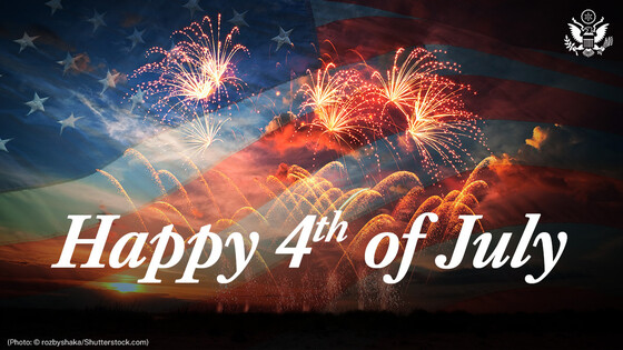 An image with the U.S. flag and fireworks, and the words "Happy Fourth of July". 