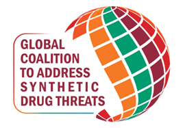 A multi-color graphic image of the Earth, with the words “Global Coalition to Address Synthetic Drug Threats.”