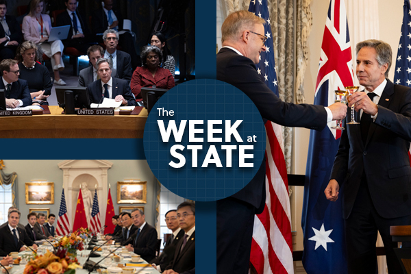 Photos of Secretary Blinken and others with text reading "The Week at State" in the middle.