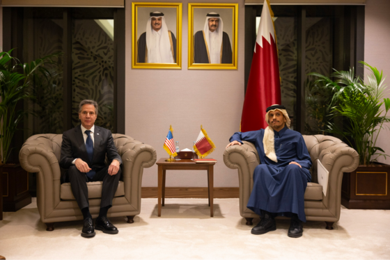 Secretary Antony Blinken with Qatari Prime Minister and Foreign Minister Mohammed bin Abdulrahman Al Thani.