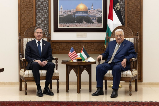 Secretary of State Antony Blinken and Palestinian Authority President Mahmoud Abbas are seated during their meeting in Ramallah.