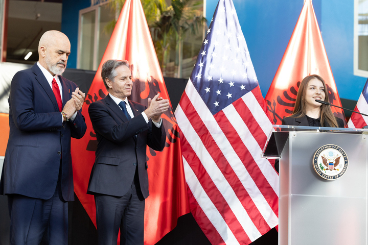 Albanian Prime Minister Rama and Secretary Blinken applaud as Fjorela Hoxhaj, a U.S. embassy youth council member, speaks. 