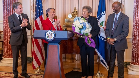 Ambassador Ruth A. Davis is honored by Secretary Blinken and Marcia Bernicat.