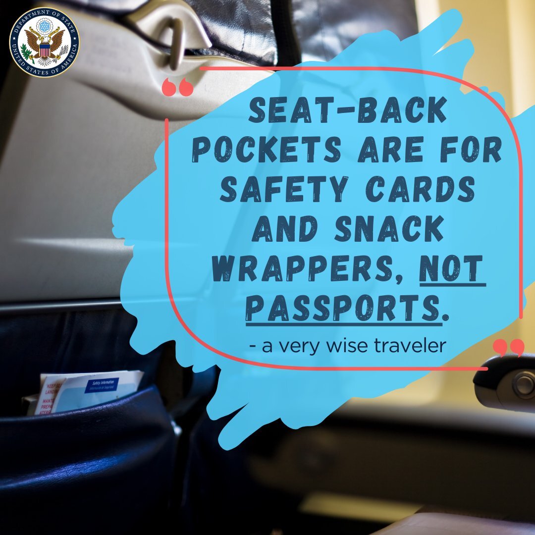Airplane seat with the text “seat-back pockets are for safety cards"
