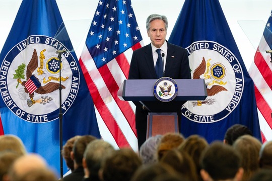 Secretary Antony J. Blinken delivering remarks on American Diplomacy for a New Era at the Foreign Service Institute in Arlington, Virginia. 