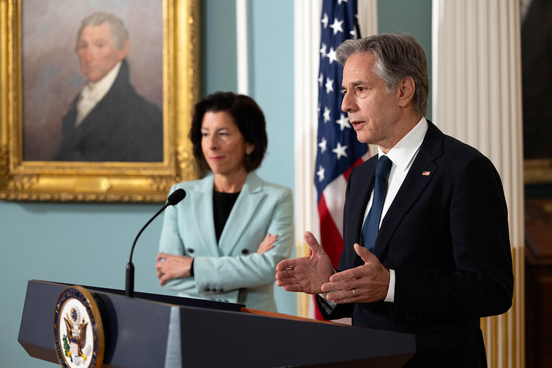 Secretary Blinken delivering remarks with Secretary of Commerce Gina Raimondo about U.S. travel and tourism.