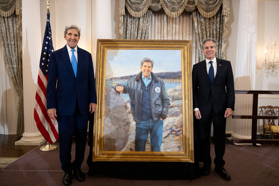 Secretary Blinken delivers remarks at the unveiling of a portrait of the 68th Secretary of State, John Kerry