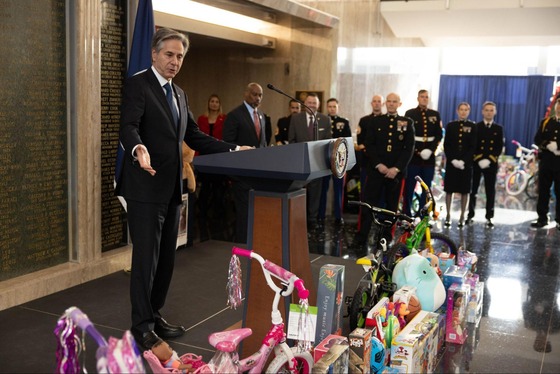 Secretary Blinken delivers remarks at the Toys for Tots ceremonial presentation at the Department of State
