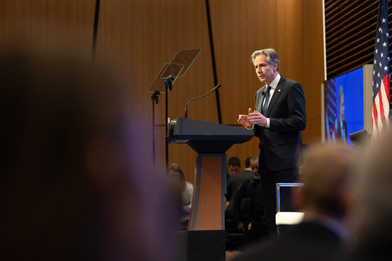 Secretary Antony J. Blinken delivering remarks on the Middle East at the Atlantic Council January 14, 2025. (Official State Department photo)