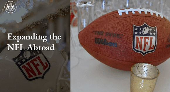 Collage of photos and videos from the NFL “DC Day” reception showing a football, helmets, the State Department seal and Secretary Rubio shaking hands