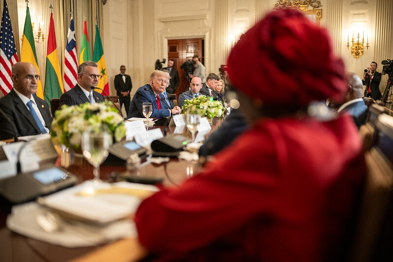 President Trump sitting in front of a row of flags at a table with African leaders, attending a multilateral luncheon in the State Dining Room.