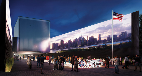 A rendering of the USA Pavilion exterior at night, with visitors taking photographs beneath an image of a city skyline.