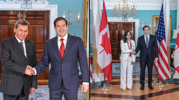  Secretary Rubio shaking  hands with Turkmenistan Foreign Minister Rashid Meredov (left) and Canadian Foreign Minister Anita Anand (right).
