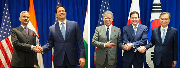 Secretary Rubio shakes hands with Indian External Affairs Minister and counterparts from Japan and the Republic of Korea in two photos.