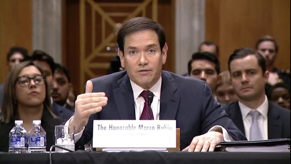 Secretary Rubio addresses the Senate Foreign Relations Committee while seated at a table.