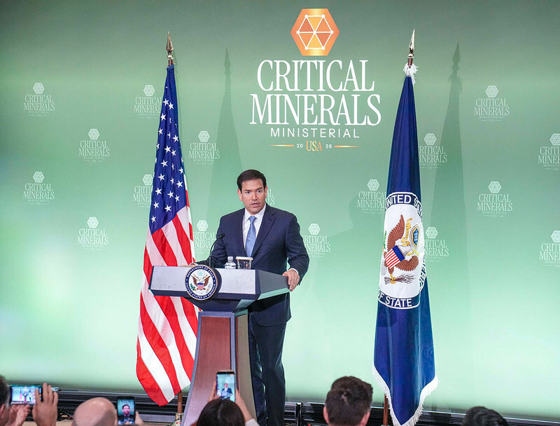 Secretary Rubio addresses the Critical Minerals Ministerial at a lectern.
