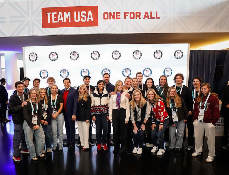 Secretary Rubio and Vice President Vance pose for a photograph with Team USA athletes.