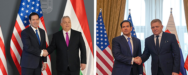 Secretary Rubio shakes hands with Hungarian Prime Minister and Slovak Prime Minister.