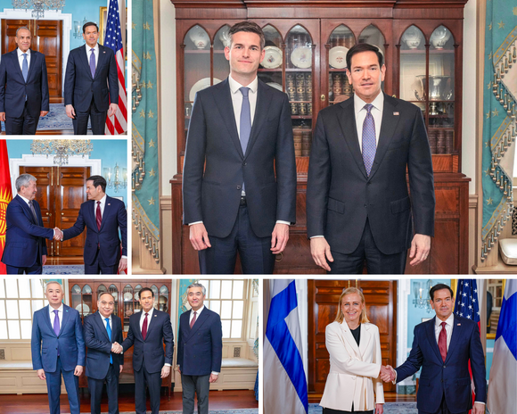 Officials standing at meetings in ceremonial rooms, with flags or embellished wood framing the backgrounds.