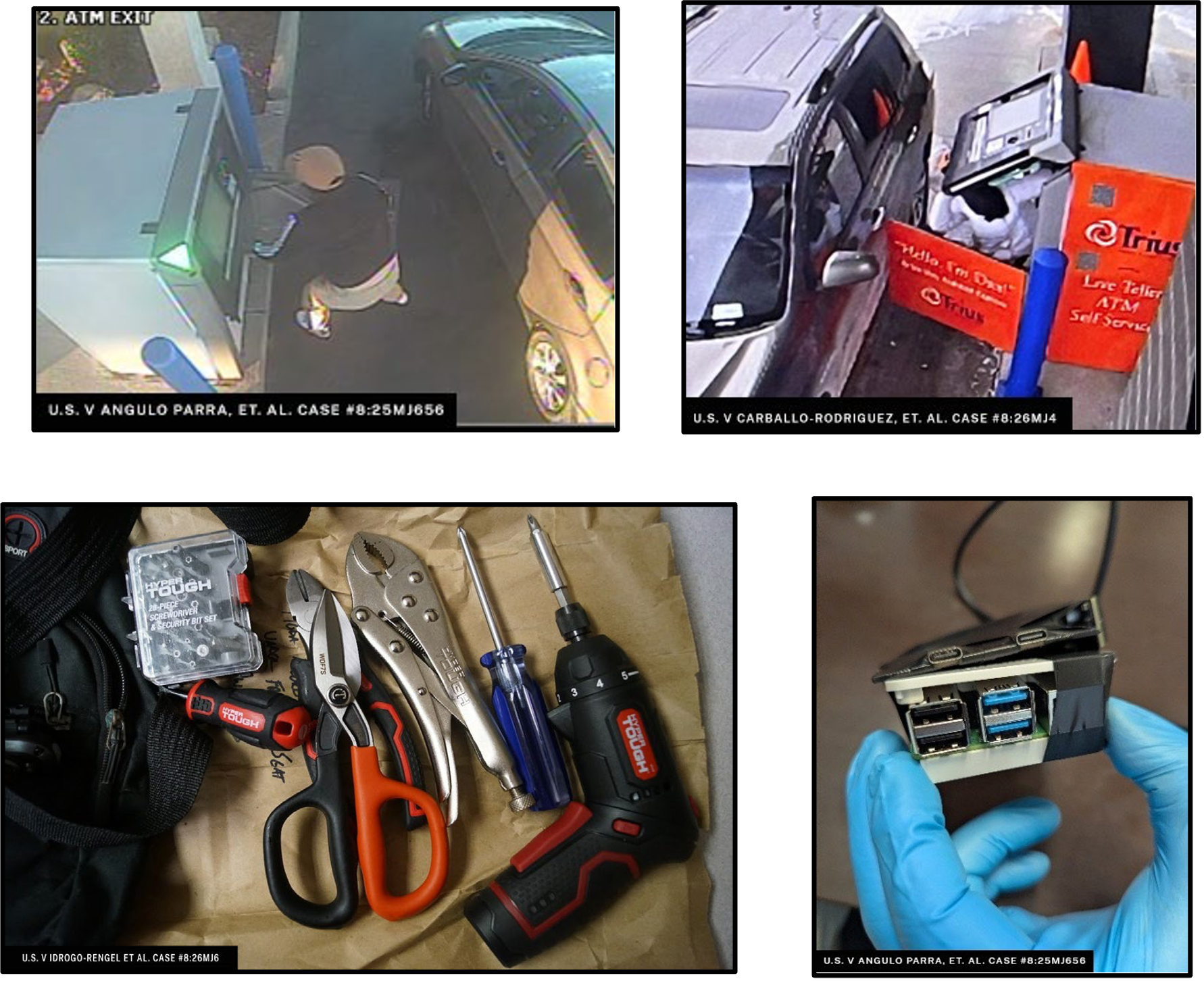 null Photographs released by DOJ depicting alleged ATM jackpotting schemes in progress and equipment used