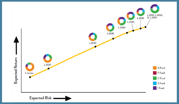 Line graph shows relative risk (x-axis) and return (y-axis) of ten TSP Lifecycle (L) Funds