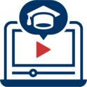 icon of computer with video play button and graduation cap overlay