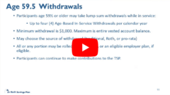 Video still of a webinar presentation slide with the heading Age 59.5 Withdrawals