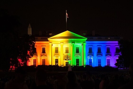 White House with rainbow lights reflecting