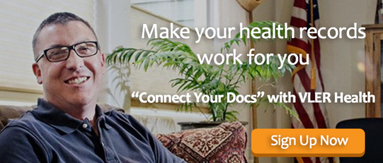 Make your health records work for you. "Connect Your Docs" with VLER Health. Sign Up Now - A man with glasses is seated on a couch and is smiling