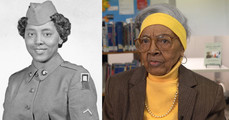 split screen photo of black female veteran in uniform in 1952 and today