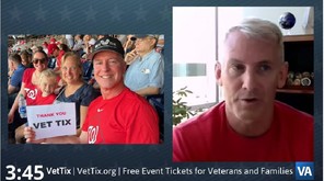 split screen of man holding vettix sign at an event and man talking about vettix free tickets for veterans
