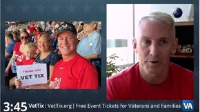 split screen of man holding vettix sign at event and man talking about vettix free tickets for veterans