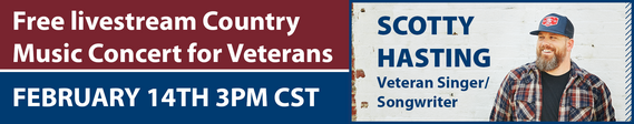 Free livestream country music concert for Veterans with an image of a man smiling