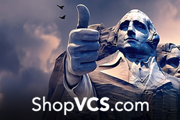 Illustration of bust of George Washington at Mount Rushmore with his thumb up for the President's Day Sale at Shop VCS.