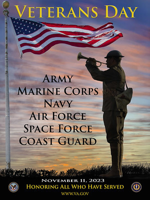 Veterans Day poster with bugler in military uniform and American flag waving.