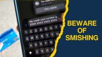 Beware of smishing. Image of a smart phone and a credit card.
