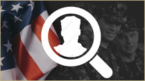 Silhouette of Soldier with a magnifying glass overlay for Together We Served's Buddy Finder tool.