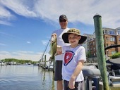 Man and his son fishing on a pier.