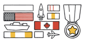 Drawings of icons related to military service. A ship, aircraft, medals, ribbons.