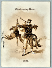 Drawing of a Soldier holding a turkey for an early 20th century Thanksgiving meal at a VA facility.