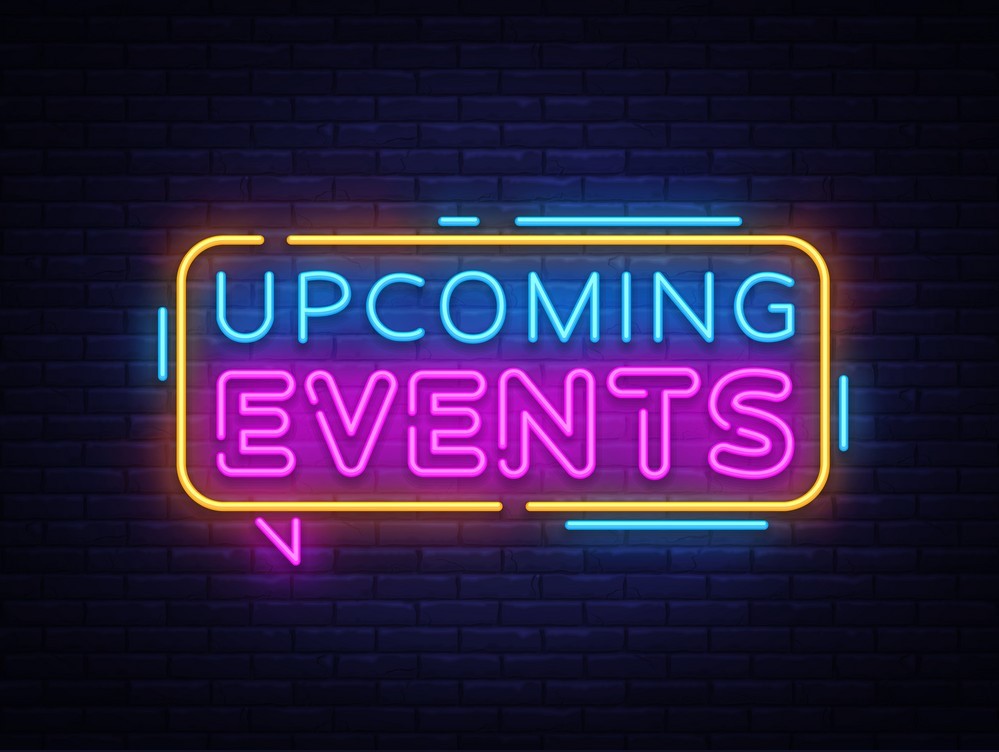 Neon lights that read "Upcoming Events"