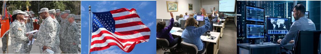 group of Service members standing outside; American flag; group of people in a classroom; man sitting in front of three monitors