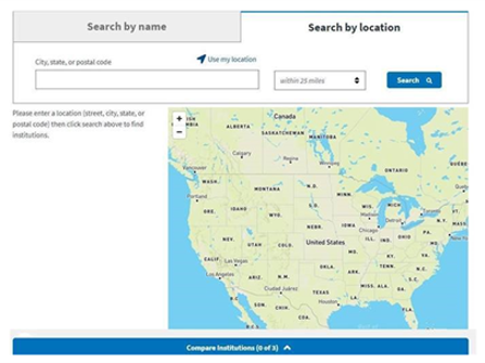 GI Bill Comparison tool search with a United States map
