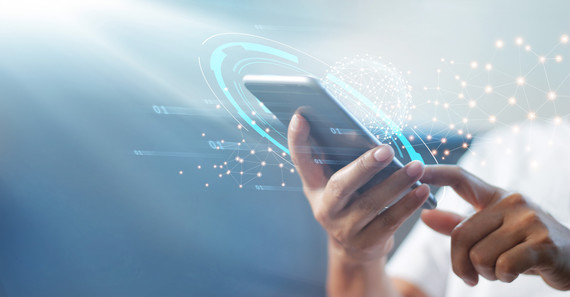 Man using mobile smart phone with global network connection concept